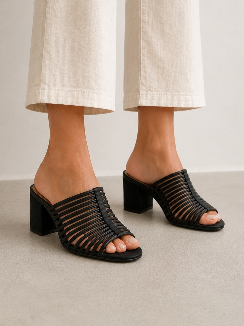 Schutz Veronika black nubuck leather caged strappy block heel mules, size 8